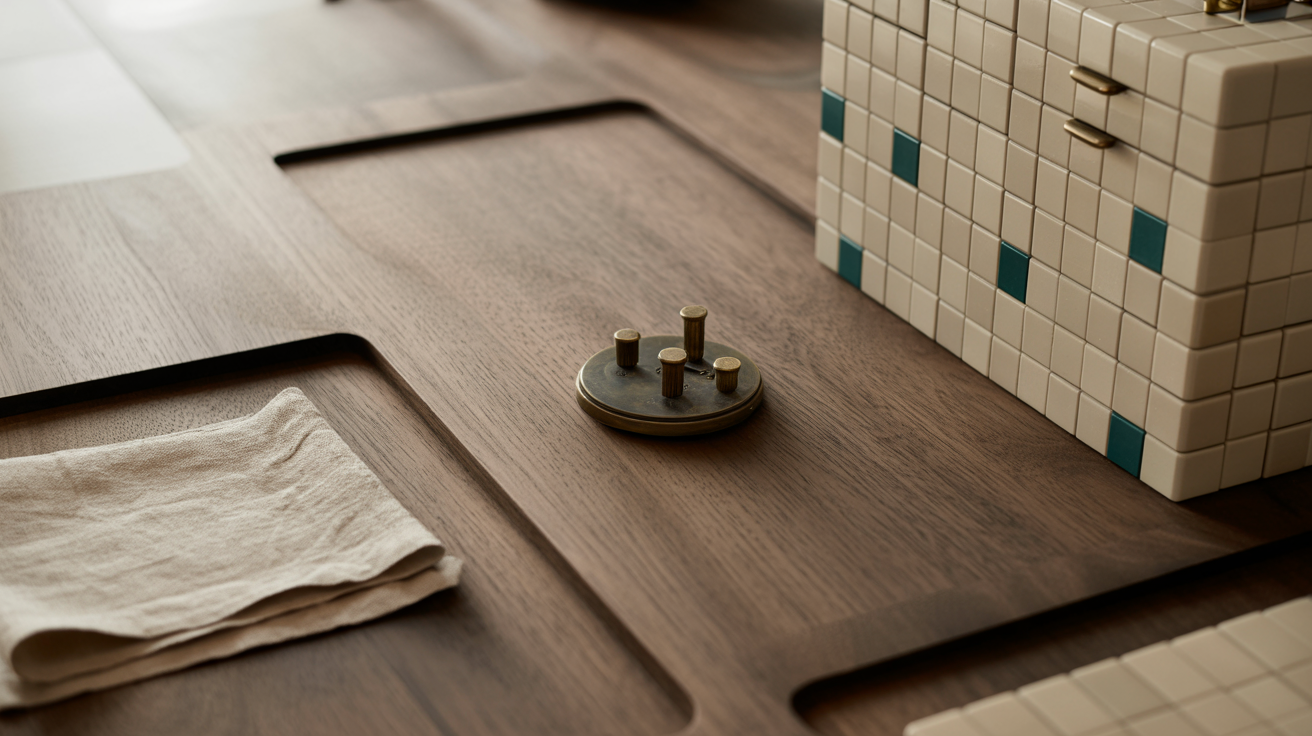 Walnut workbench with puzzle tiles