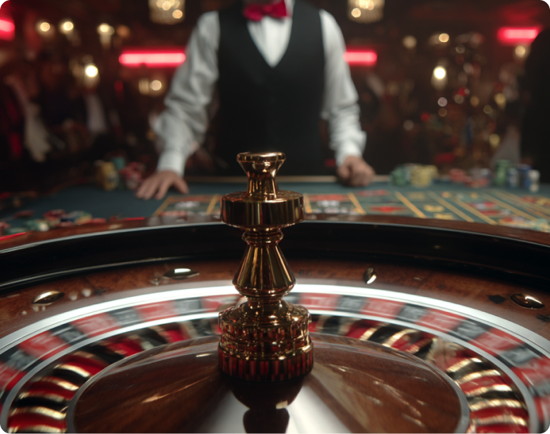 Close-up of an American Roulette wheel with the white ball in motion