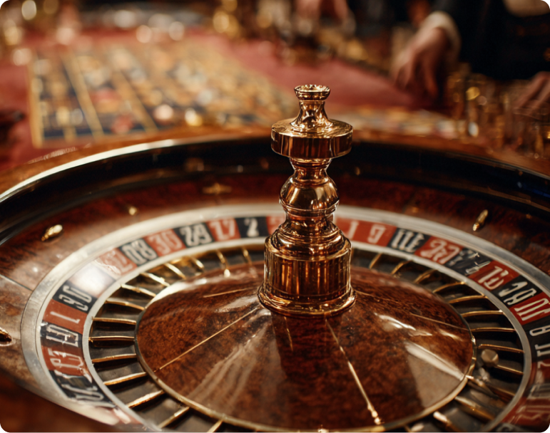 Roulette wheel spinning with ivory ball racing along the rim, red and black numbers blurring together