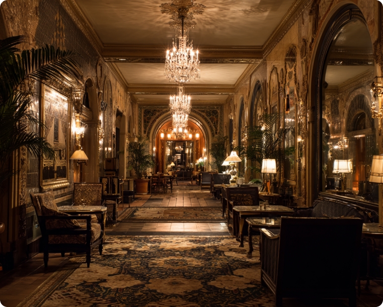 Glamorous Art Deco Great Gatsby setting with champagne gold lighting and crystal chandeliers